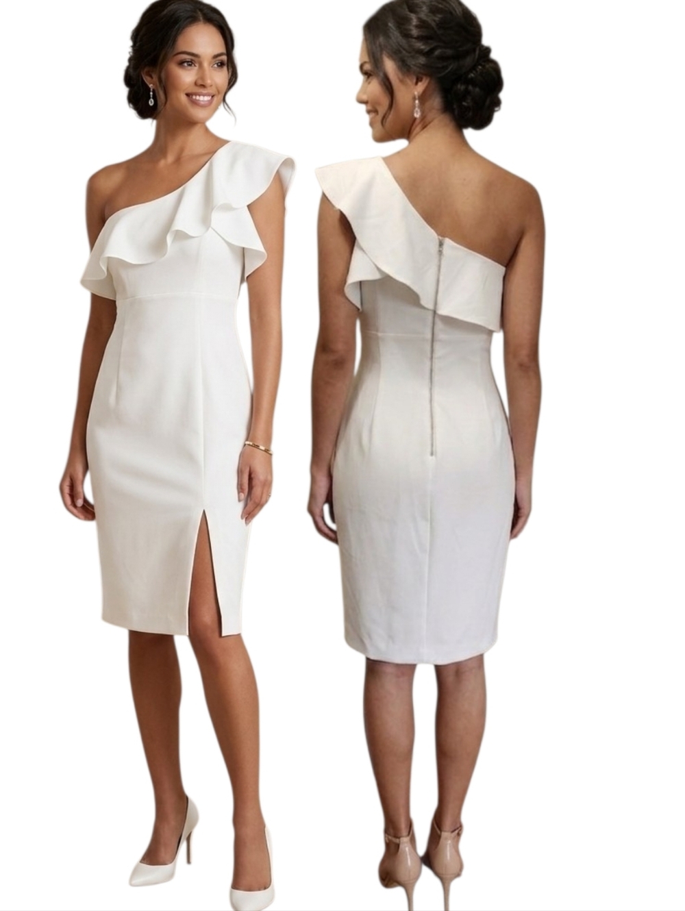 BARDOT Ivory One Shoulder Ruffle Sheath Cocktail Dress - Size 8